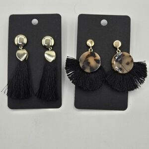 LOFT Fashion Statement Earrings Gold Tone Black Fringe Tortoise Shell